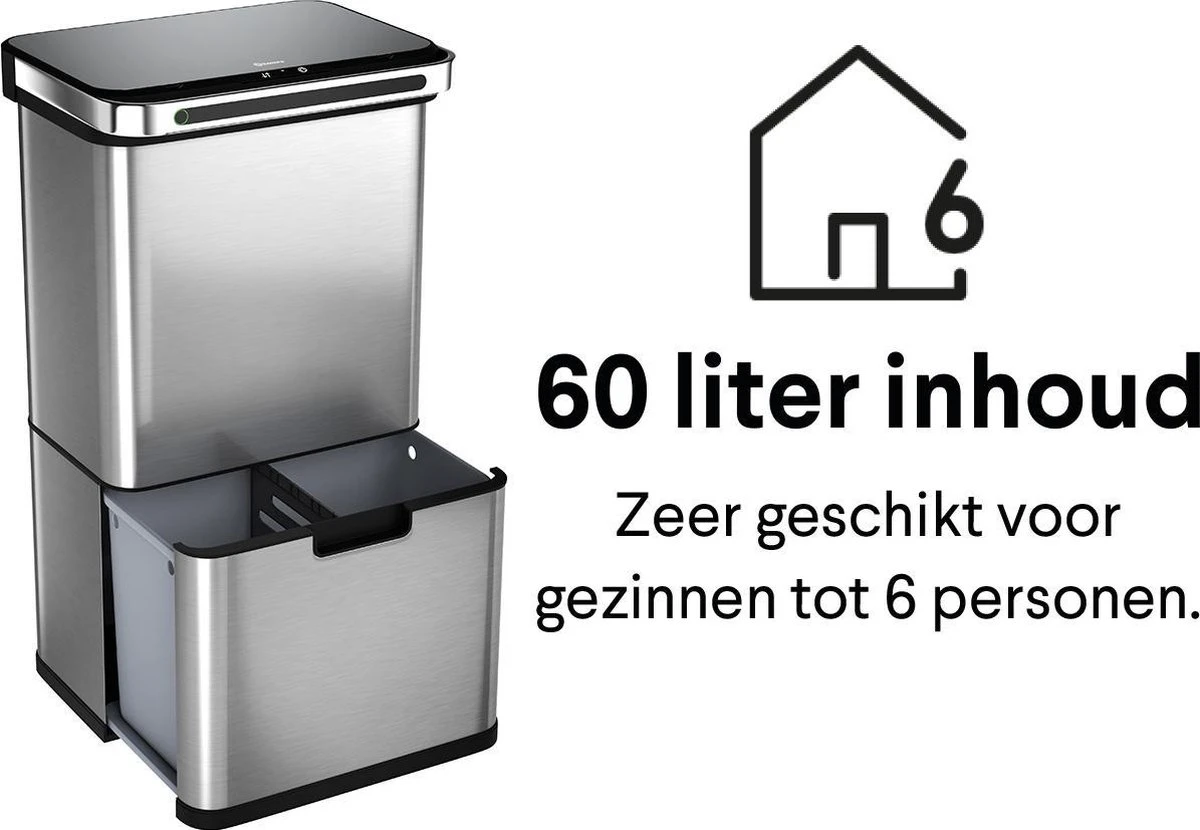 Homra DEXER Afvalscheiding Prullenbak - 4 Vakken - 60 Liter (2×18L + 2×12L) - Recycle Sensor Prullenbak - RVS Afvalemmer - Afvalscheidingsprullenbak - Design Keuken Afvalemmer - Automatische Lucht- En Bacterie Filter - Soft Close Deksel – Kleur RVS 4 Homra DEXER Afvalscheiding Prullenbak - 4 Vakken - 60 Liter (2×18L + 2×12L) - Recycle Sensor Prullenbak - RVS Afvalemmer - Afvalscheidingsprullenbak - Design Keuken Afvalemmer - Automatische Lucht- En Bacterie Filter - Soft Close Deksel – Kleur RVS - Afbeelding 4