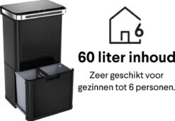 Homra DEXER Afvalscheiding Prullenbak - 4 Vakken - 60 Liter (2×18L + 2×12L) - Recycle Sensor Prullenbak - RVS Afvalemmer - Afvalscheidingsprullenbak - Design Keuken Afvalemmer - Automatische Lucht- En Bacterie Filter - Soft Close Deksel – Kleur Zwart -Thuis Opslag Winkel 1200x831 5