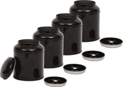 Merkloos Theeblik - Kruidenblik - Voorraadblik - Bewaarblik - Met Aroma Deksel - Zwart - 4 Stuks