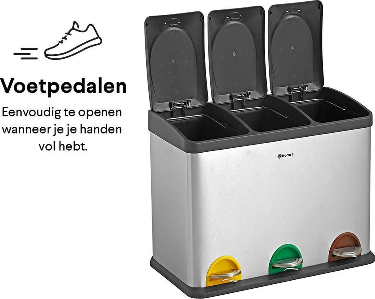 Homra STEPHS Afvalscheiding Prullenbak Met 3 Vakken - 3 X 15L Inhoud - Trio Pedaalemmer - 45 Liter - Vingerafdrukvrij - Vuilafstotend - Anti-slip - Hoogwaardig RVS - Duurzaam ABS Kunststof - RVS - Hygiënisch Recyclen - Afvalscheidingsprullenbak 14 Homra STEPHS Afvalscheiding Prullenbak Met 3 Vakken - 3 X 15L Inhoud - Trio Pedaalemmer - 45 Liter - Vingerafdrukvrij - Vuilafstotend - Anti-slip - Hoogwaardig RVS - Duurzaam ABS Kunststof - RVS - Hygiënisch Recyclen - Afvalscheidingsprullenbak - Afbeelding 14