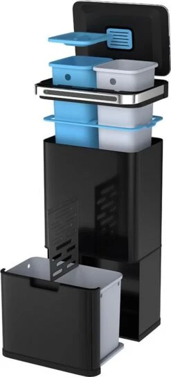 Homra DEXER Afvalscheiding Prullenbak - 4 Vakken - 60 Liter (2×18L + 2×12L) - Recycle Sensor Prullenbak - RVS Afvalemmer - Afvalscheidingsprullenbak - Design Keuken Afvalemmer - Automatische Lucht- En Bacterie Filter - Soft Close Deksel – Kleur Zwart