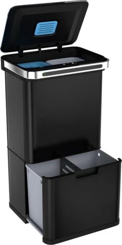 Homra DEXER Afvalscheiding Prullenbak - 4 Vakken - 60 Liter (2×18L + 2×12L) - Recycle Sensor Prullenbak - RVS Afvalemmer - Afvalscheidingsprullenbak - Design Keuken Afvalemmer - Automatische Lucht- En Bacterie Filter - Soft Close Deksel – Kleur Zwart -Thuis Opslag Winkel 596x1200 2