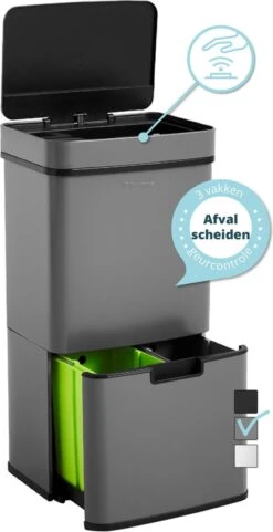Nexo Prullenbak Afvalscheiding 3 Vakken - 72 Liter (2x12+48L) Met Infrarood Sensor - Design Trio Afvalemmer RVS - Grijs - Afvalscheidingsprullenbak - Keuken Afvalemmer - Grijze Recycle Afvalbak - Hygiënisch - Kantoor Vuilbak - Elektrisch - Vuilnisbak -Thuis Opslag Winkel 616x1200 1