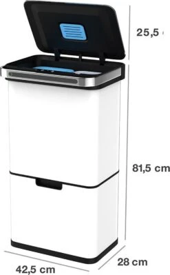 Homra DEXER Afvalscheiding Prullenbak - 4 Vakken - 60 Liter (2×18L + 2×12L) - Recycle Sensor Prullenbak - RVS Afvalemmer - Afvalscheidingsprullenbak - Design Keuken Afvalemmer - Automatische Lucht- En Bacterie Filter - Soft Close Deksel – Kleur Wit -Thuis Opslag Winkel 742x1200 1