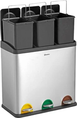 Homra STEPHS Afvalscheiding Prullenbak Met 3 Vakken - 3 X 20L Inhoud - Trio Pedaalemmer - 60 Liter - Vingerafdrukvrij - Vuilafstotend - Anti-slip - Hoogwaardig RVS - Duurzaam ABS Kunststof - RVS - Hygiënisch Recyclen - Afvalscheidingsprullenbak