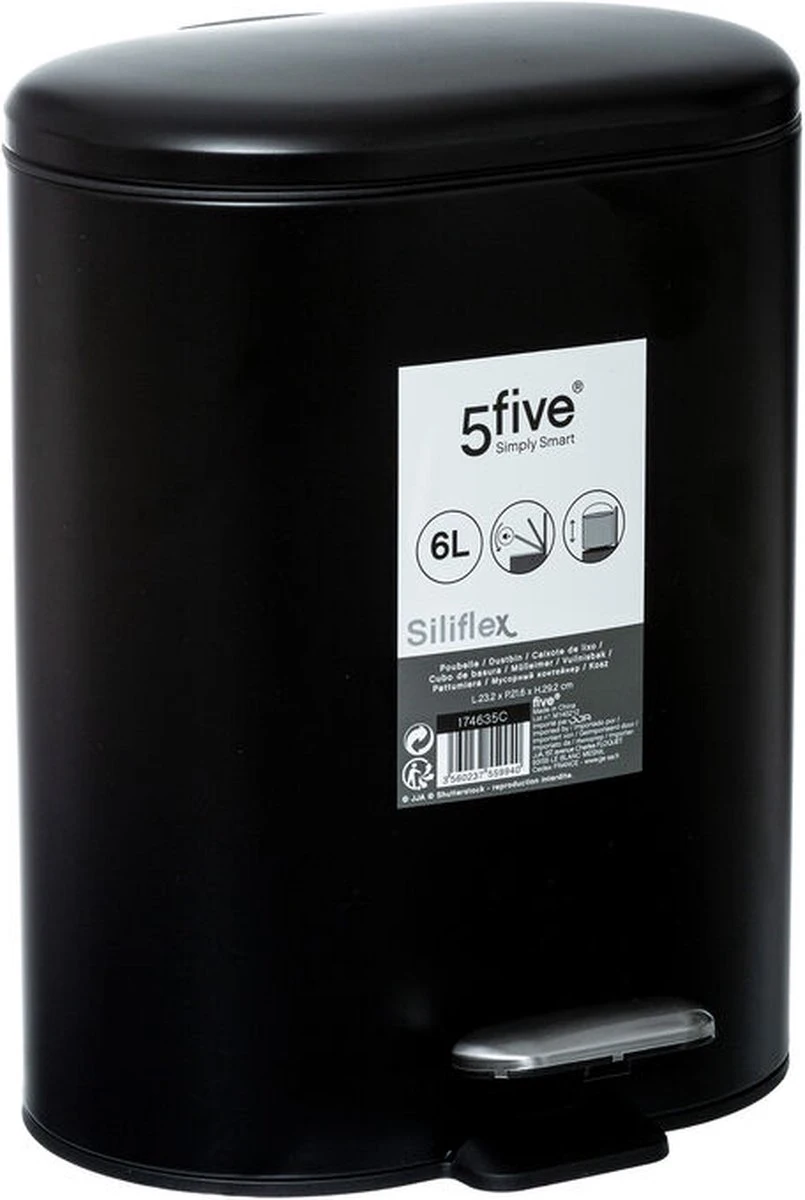 5Five - Prullenbak/pedaalemmer Zwart Rvs Metaal 6 Liter - 15x24x30 Cm - Badkamer En Toilet 3 5Five - Prullenbak/pedaalemmer Zwart Rvs Metaal 6 Liter - 15x24x30 Cm - Badkamer En Toilet - Afbeelding 3