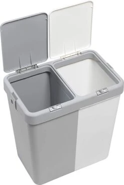 Motek® - Wasmand - 2 Vakken Met Deksel - Met Touch Deksel - Gemaakt Van 100% Gerecycled Kunststof - 80 L - Wasmand Met Deksel - Wassorteerder - Grijs - Wit -Thuis Opslag Winkel 806x1200