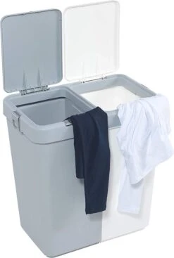 Motek® - Wasmand - 2 Vakken Met Deksel - Met Touch Deksel - Gemaakt Van 100% Gerecycled Kunststof - 80 L - Wasmand Met Deksel - Wassorteerder - Grijs - Wit -Thuis Opslag Winkel 808x1200