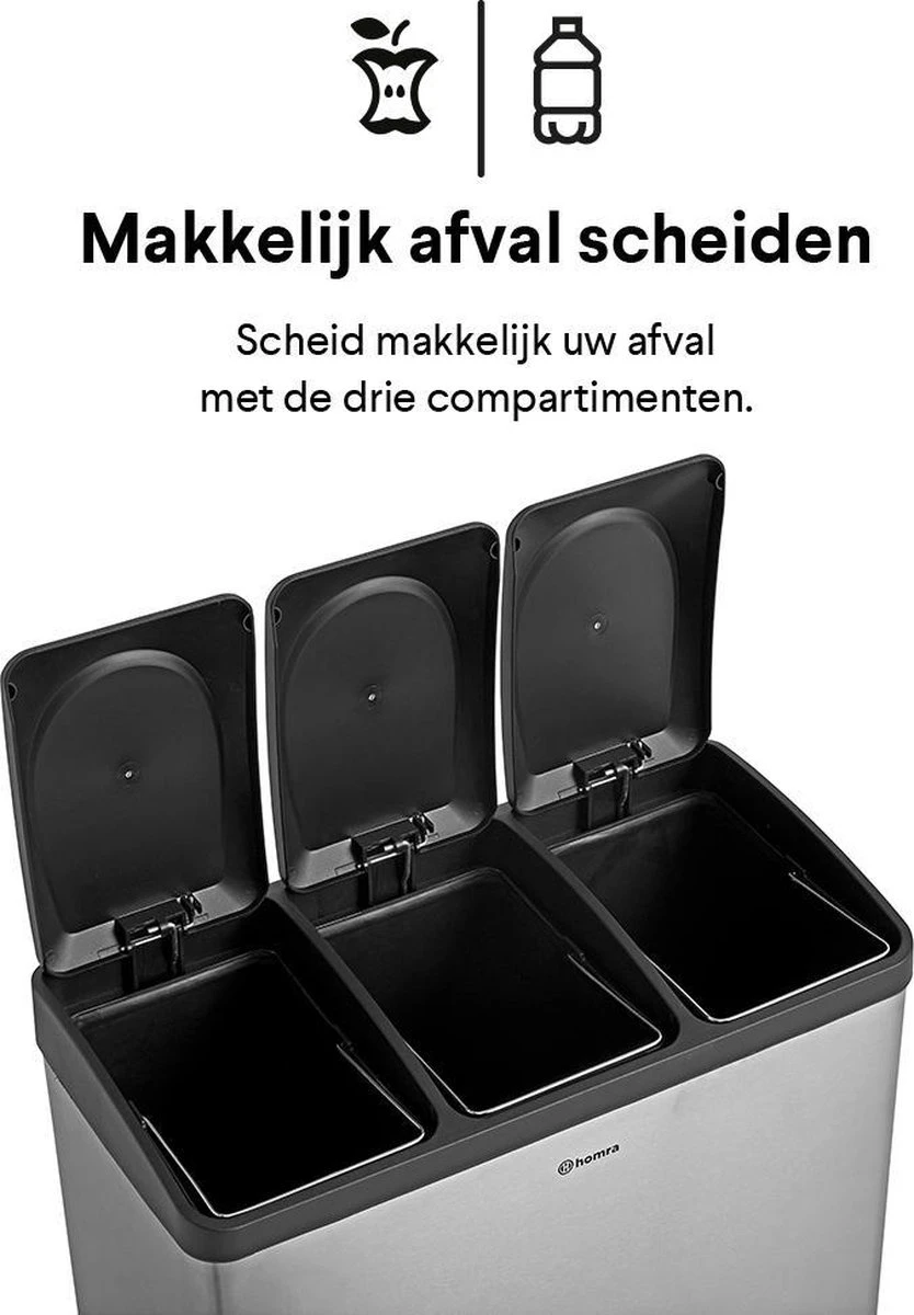 Homra STEPHS Afvalscheiding Prullenbak Met 3 Vakken - 3 X 20L Inhoud - Trio Pedaalemmer - 60 Liter - Vingerafdrukvrij - Vuilafstotend - Anti-slip - Hoogwaardig RVS - Duurzaam ABS Kunststof - RVS - Hygiënisch Recyclen - Afvalscheidingsprullenbak 3 Homra STEPHS Afvalscheiding Prullenbak Met 3 Vakken - 3 X 20L Inhoud - Trio Pedaalemmer - 60 Liter - Vingerafdrukvrij - Vuilafstotend - Anti-slip - Hoogwaardig RVS - Duurzaam ABS Kunststof - RVS - Hygiënisch Recyclen - Afvalscheidingsprullenbak - Afbeelding 3