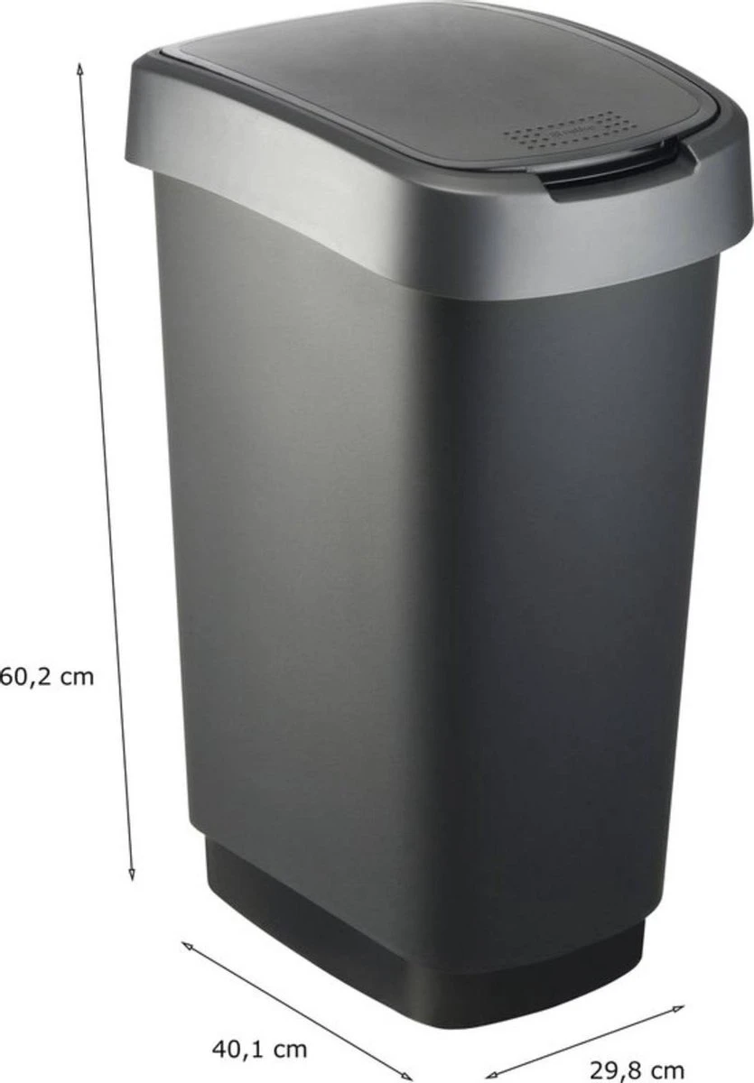 Rotho Twist Prullenbak- 50L - 60,2cm - Met Kanteldeksel - Zilver/Zwart 2 Rotho Twist Prullenbak- 50L - 60,2cm - Met Kanteldeksel - Zilver/Zwart - Afbeelding 2