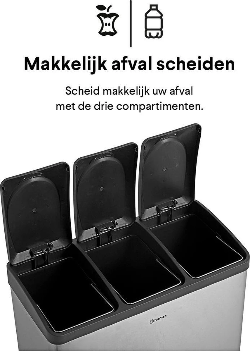 Homra STEPHS Afvalscheiding Prullenbak Met 3 Vakken - 3 X 15L Inhoud - Trio Pedaalemmer - 45 Liter - Vingerafdrukvrij - Vuilafstotend - Anti-slip - Hoogwaardig RVS - Duurzaam ABS Kunststof - RVS - Hygiënisch Recyclen - Afvalscheidingsprullenbak 18 Homra STEPHS Afvalscheiding Prullenbak Met 3 Vakken - 3 X 15L Inhoud - Trio Pedaalemmer - 45 Liter - Vingerafdrukvrij - Vuilafstotend - Anti-slip - Hoogwaardig RVS - Duurzaam ABS Kunststof - RVS - Hygiënisch Recyclen - Afvalscheidingsprullenbak - Afbeelding 18
