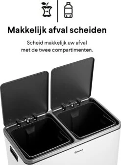 Afvalscheidingsprullenbak 2 Vakken Wit – 60 L (2x30 Liter) Pedaalemmer Homra QUICKX – Design Duo Afvalemmer RVS - Afval Scheiden - Recycle Afvalbak - Hygiënisch Pedaal - Dubbele Vuilnisbak - Keuken Vuilbak - Kantoor Prullenbak -Thuis Opslag Winkel 883x1200 2