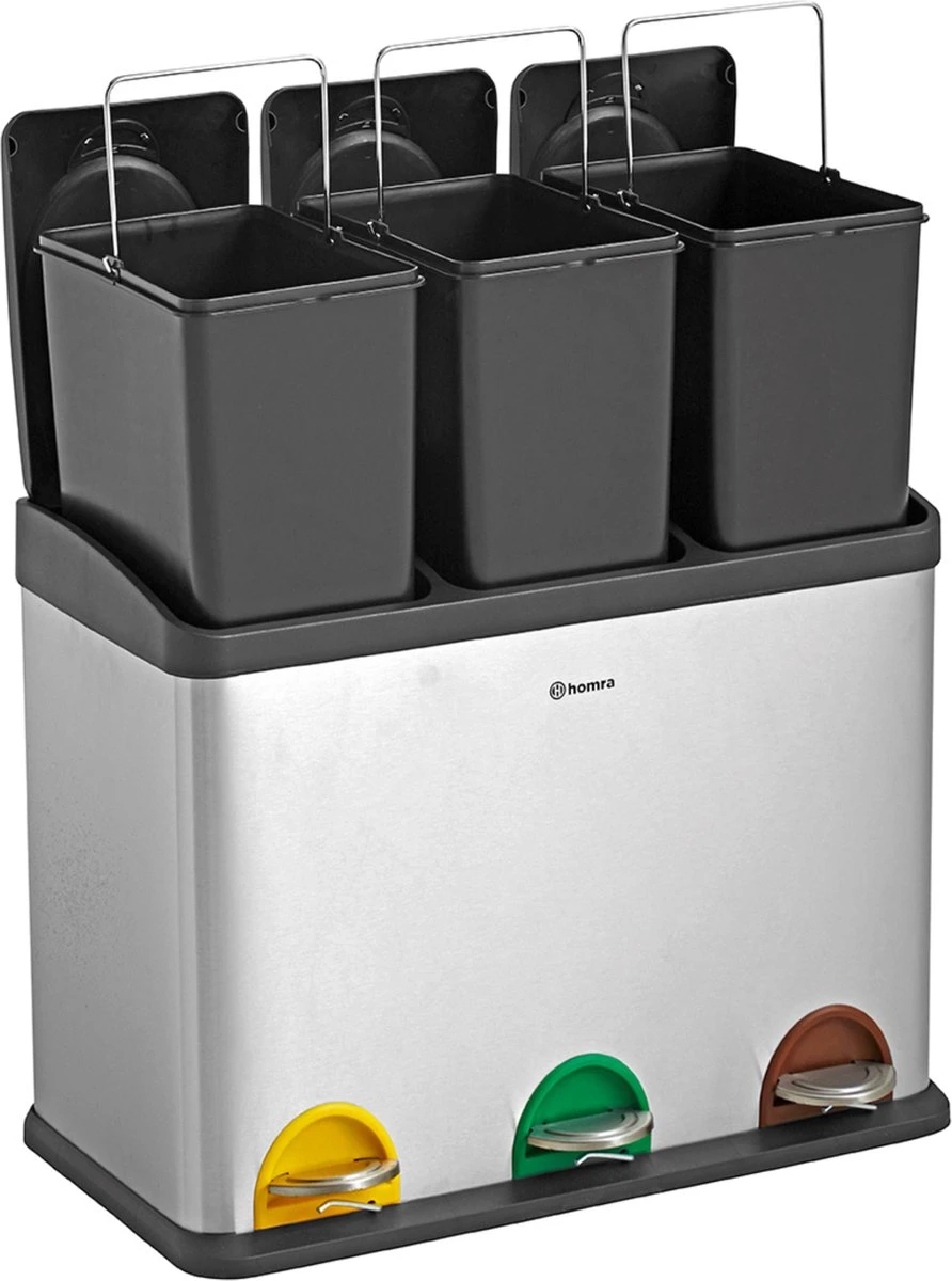 Homra STEPHS Afvalscheiding Prullenbak Met 3 Vakken - 3 X 15L Inhoud - Trio Pedaalemmer - 45 Liter - Vingerafdrukvrij - Vuilafstotend - Anti-slip - Hoogwaardig RVS - Duurzaam ABS Kunststof - RVS - Hygiënisch Recyclen - Afvalscheidingsprullenbak 1 Homra STEPHS Afvalscheiding Prullenbak Met 3 Vakken - 3 X 15L Inhoud - Trio Pedaalemmer - 45 Liter - Vingerafdrukvrij - Vuilafstotend - Anti-slip - Hoogwaardig RVS - Duurzaam ABS Kunststof - RVS - Hygiënisch Recyclen - Afvalscheidingsprullenbak