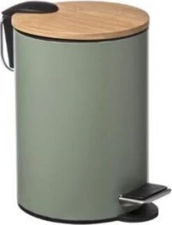 Pedaalemmer 3 Liter Met Bamboe Deksel –ª Kaki Groen / Bamboe –ª Vuilnisbak –ª Afvalbak –ª Softclose –ª Stijlvol & Compact Voor In De Badkamer - Toilet - Kantoor - Slaapkamer