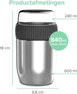 Coninx Thermos Lunchbox - Muesli Beker To Go - Isoleer Lunchpot - Yoghurtbeker To Go - Mueslibeker 840ml (600ml+240ml) - RVS -Thuis Opslag Winkel 981x1200