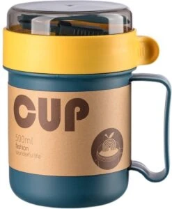 Soepbeker Magnetron 500ml- Milieuvriendelijk - Hitte Bestendige Beker - Lunchcontainer - Yoghurt To Go - Soepbeker To Go - Inclusief Lepel/vork - Donker Blauw