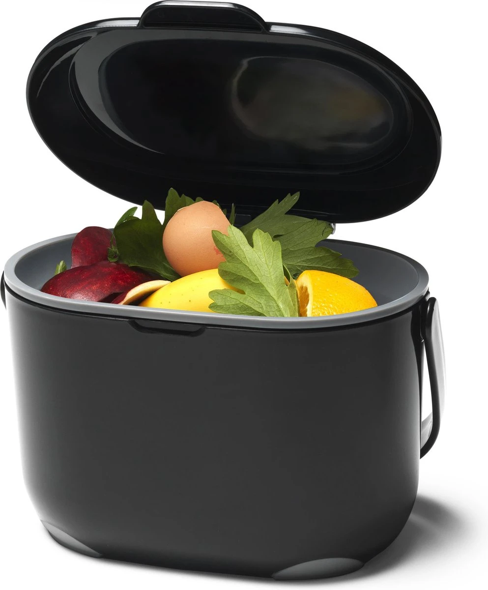 Compost Caddy-GFT Afvalbakje - Losse Binnenemmer - Zwart / Grijs - Met Rol Biologisch Afbreekbare Zakjes